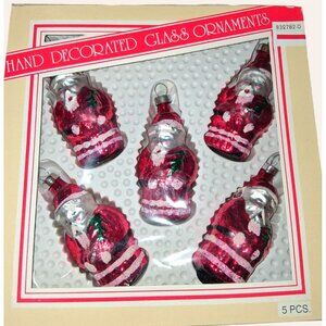Vintage Hand-Decorated Santa Glass Ornaments 5-Piece Set Made In Mexico